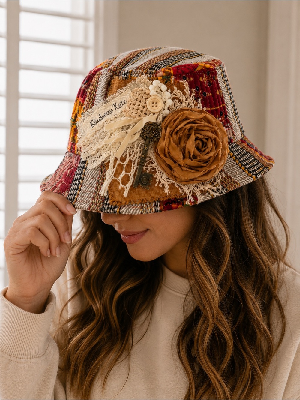 New Bohemian Patchwork Floral Bucket Hat - Multicolor Design by Blueberry Kate